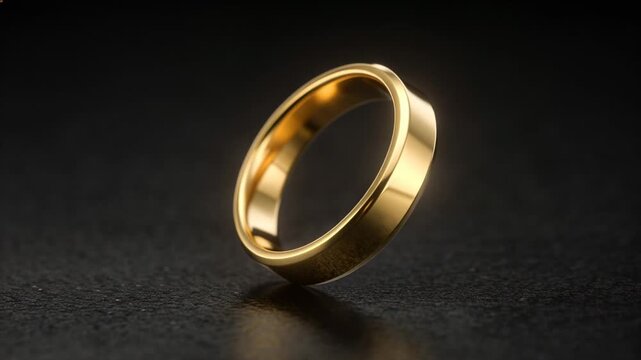 Polished gold ring after tilt, tipping and rotating on tabletop, highlights showcasing jewelry