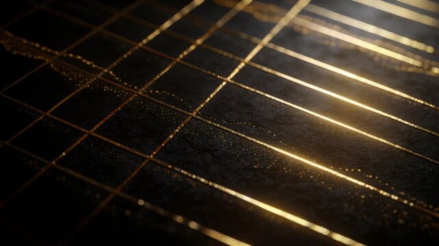 Upper-right lighting pulse causing glowing filament forming beaded seam on gold grid for tech demo