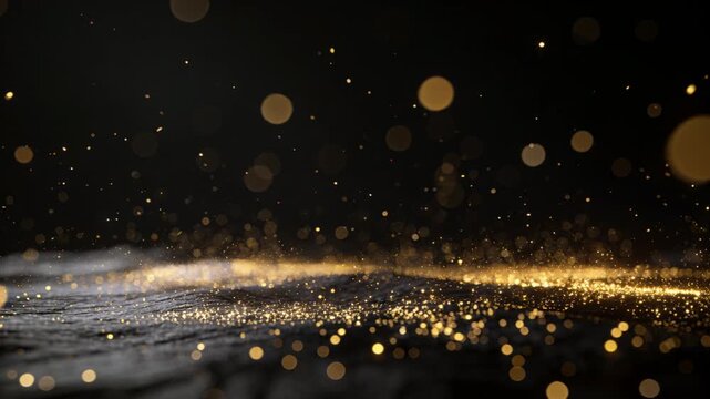 Rising glitter drifting from glowing ridge over rough dark surface, with bokeh highlights