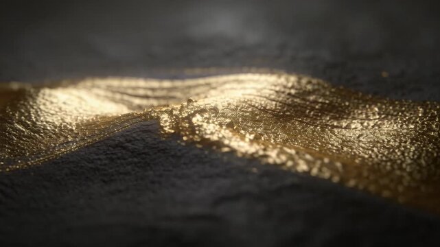 Catching soft light, gold ribbon rising and folding into crest on studio surface, showing beads