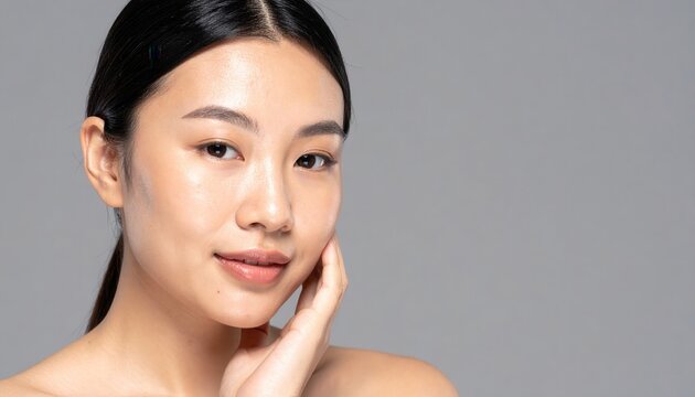 Primer plano de rostro femenino asi&aacute;tico con piel radiante y saludable tocando su mejilla sobre fondo gris.