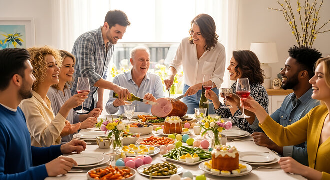 A group of diverse friends and family enjoying a festive Easter dinner together at a beautifully set table