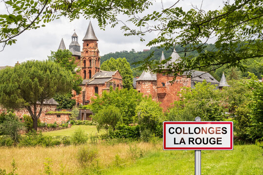 Collonges-la-Rouge village with added town sign illustration - France