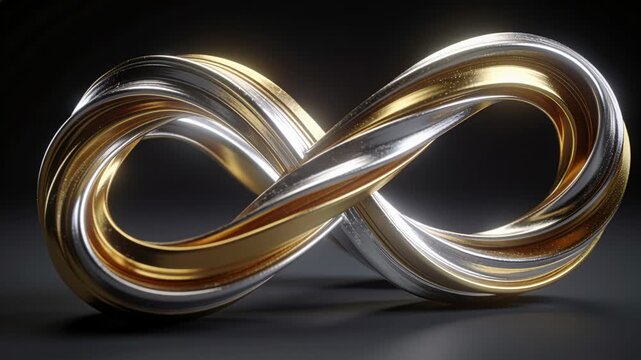 Camera orbiting infinity knot rotating on table, highlights revealing silver-gold bands for design