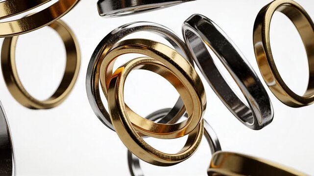 Metallic ring cluster rotating on studio rig, revealing gold silver interlock for jewelry marketing