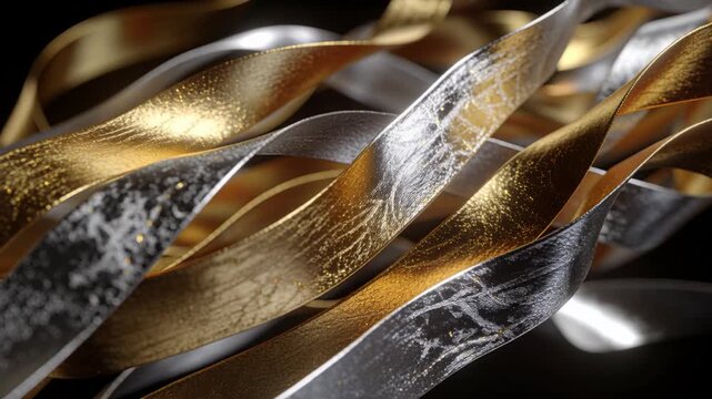 Shifting light twisting woven gold and silver ribbons in studio, revealing textured metal