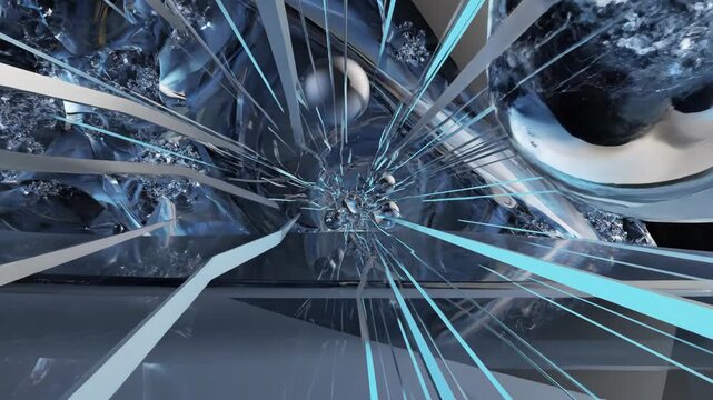 Sharp abstract lines and geometric patterns flow through a cool fractal glass background in deep blue and grey tones.