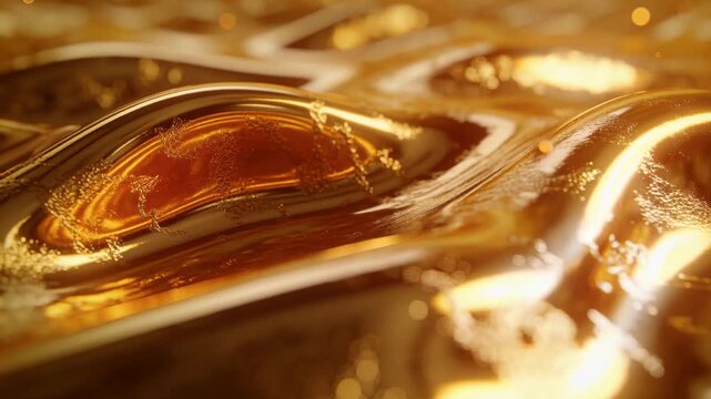Rippling glossy amber-gold viscous surface responding to warm studio light, microbubbles clustering