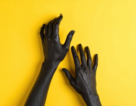 Zwei bemalte schwarze H&auml;nde strecken sich nach oben vor einem leuchtend gelben Hintergrund, abstrakt.