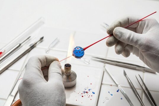Artisan wearing heat resistant gloves shaping a blue glass bead over a flame in a lampworking studio