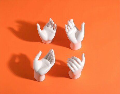 Cuatro peque&ntilde;as esculturas de manos de cer&aacute;mica blanca con diferentes gestos sobre fondo naranja vibrante.