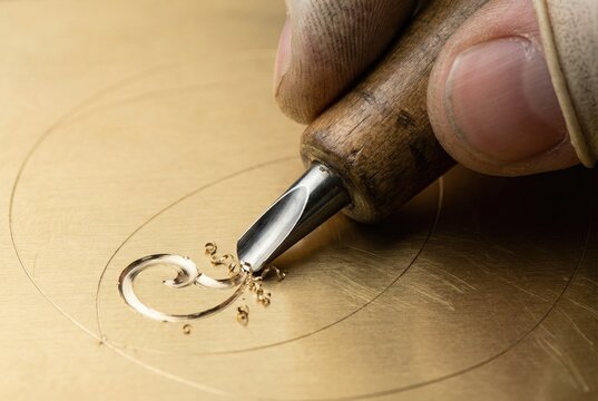 Artisan using a graver tool to hand engrave an elegant scroll pattern into a brass metal plate