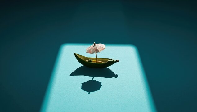 Miniature cucumber boat with paper umbrella on blue surface