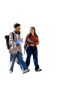 University students walking together, carrying books and backpacks, discussing while studying. PNG