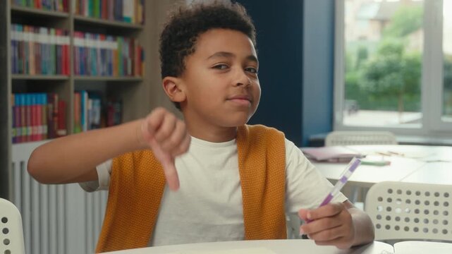 Upset African American ethnic little child son study writing showing thumb down education bad result sad negative kid write school test show dislike at library boy studying failure looking at camera