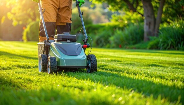 Jardinero cortando c&eacute;sped verde brillante con cortac&eacute;sped el&eacute;ctrico al atardecer, mantenimiento de exteriores.