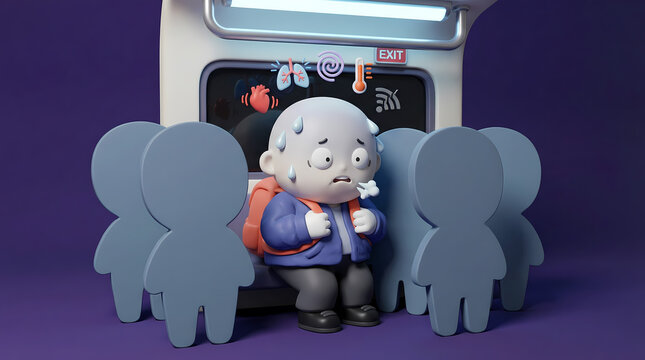 3D character experiencing anxiety attack public transport crowded train for mental health education and healthcare presentation