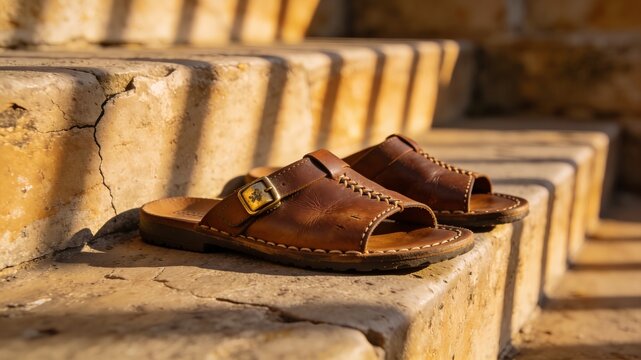 Pair of classic brown leather sandals resting on ancient stone steps, representing simplicity, travel, and Mediterranean or rustic lifestyle