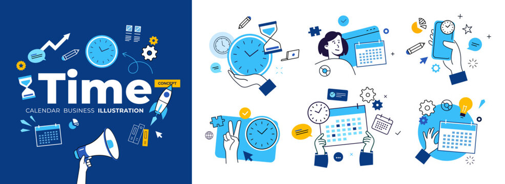 Best illustration Time: Marketing, SEO, Innovate, teamwork, 