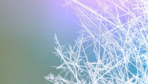 Primeros planos de cristales de hielo delicados y filamentosos sobre un fondo degradado suave y colorido.