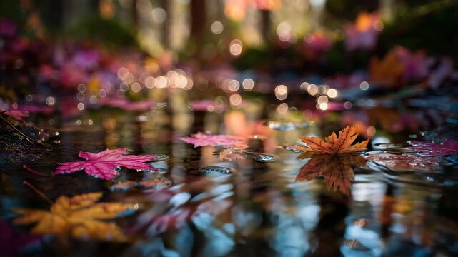 水たまりに映る光の粒と楓の葉が響き合う静かな森のマクロ風景