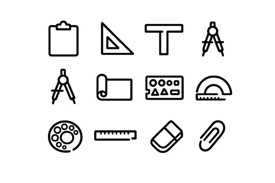 A collection of twelve minimalist line icons representing drafting