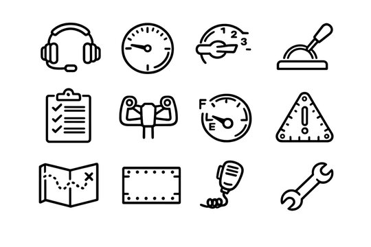 A set of twelve minimalist black and white line icons representing