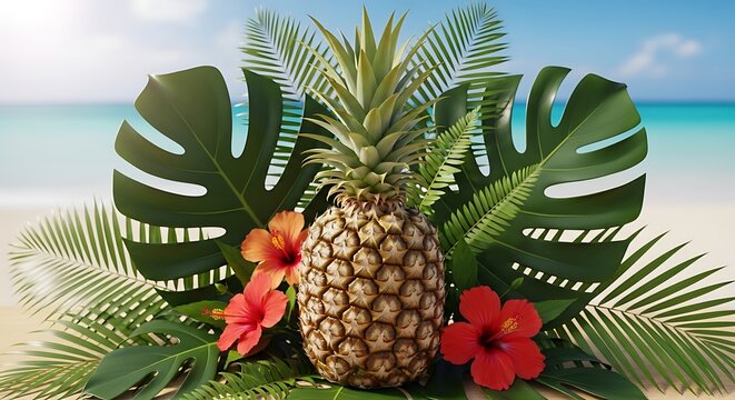 Pineapple and Flowers on a Tropical Beach with Palm Leaves