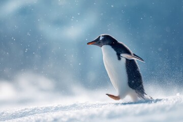 Fototapeta premium A playful penguin running through the snow catches the eye. This stunning image captures the essence of winter wildlife. Perfect for nature lovers and animal enthusiasts. AI