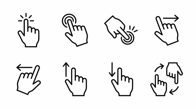 Various hand gestures for computer mouse and touchpad actions illustrated in a vector graphic design