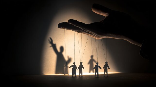 Hand controlling puppets strings silhouettes on stage floor spotlight