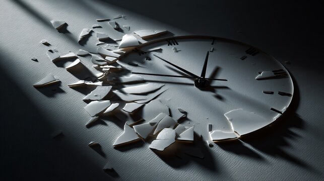 Broken clock face with shattered glass on dark surface closeup