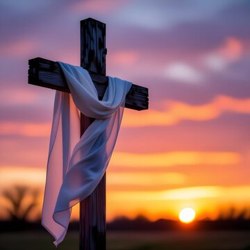 wooden cross draped with a white cloth against a sunrise background