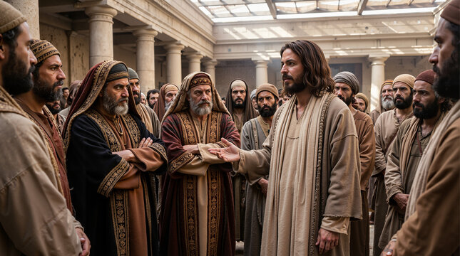 Jesus Christ speaking to a mixed group of Pharisees and disciples in an ancient temple. Biblical religious scene of teaching and conflict. Holy Tuesday historical reenactment