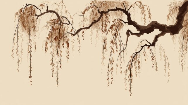 薄いベージュの背景に垂れ下がる柳の枝を描いた中国画風