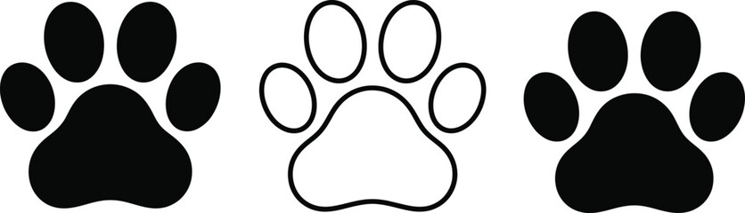 Black and white dog paw print icons set, simple pet footprint silhouettes, vector style animal track symbols isolated on background © Antara