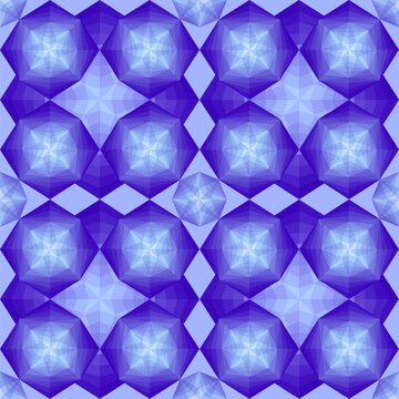 Seamless pattern of blue crystals, diamonds, and sparkling stones on a light blue background. Vector illustration.