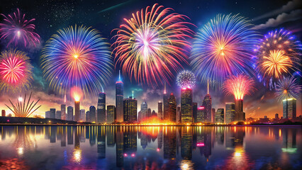 Fototapeta premium Colorful fireworks display over modern city skyline at night 