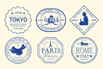 Vintage travel stamp collection vector