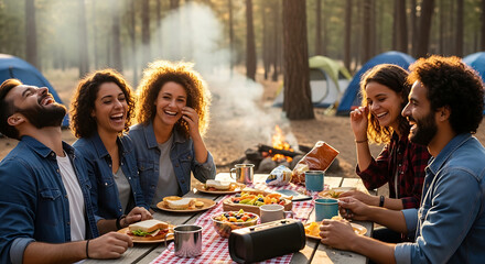 Obraz premium A group of friends enjoying a meal together at a campsite in the woods