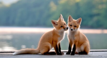 Fototapeta premium Two adorable fox cubs sit close together by the water. The warm sunlight illuminates their fur. This image captures a moment of friendship and innocence. 
