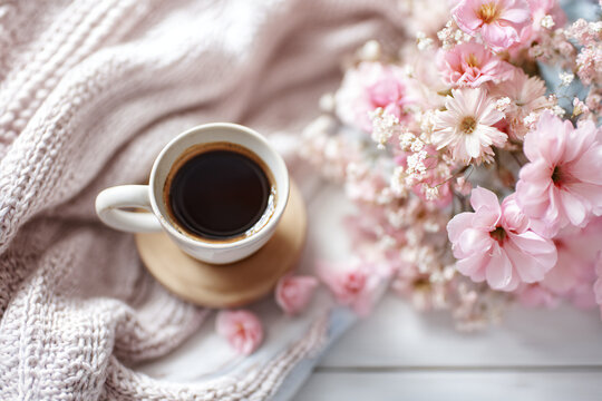 Coffee Cup with Blooming Spring Flowers and Soft Pastel Tones for Cozy Morning Home Moment