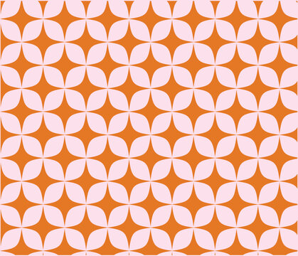 Retro orange and cream seamless pattern, geometric flower star shapes, mid-century modern aesthetic. Geometric stylized pattern in vintage orange, seamless vector background for textile and wallpaper.