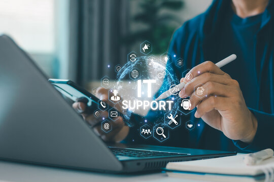 IT support technical assistance concept with digital interface icon, global network connection, customer service communication, helpdesk technology, online support system, business technology solution