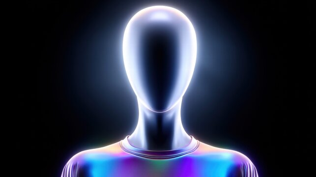 Futuristic humanoid figure with a glowing head and iridescent clothing against a dark backdrop.