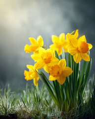 Obraz premium Daffodils bloom on green grass soft spring morning light silver background floral nature