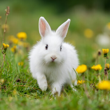Fluffy white rabbit hopping in vibrant green spring meadow with soft bokeh background and nature