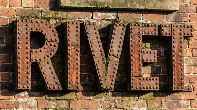 Vintage RIVET Sign Made of Rusty Metal Riveted Together on Brick Wall.