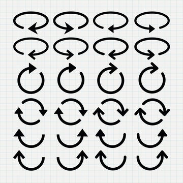 Set of black arrow icons in various circular designs on a grid background. Arrows in different directions, circular arrow icons, grid layout, black arrows. Element vector set.
