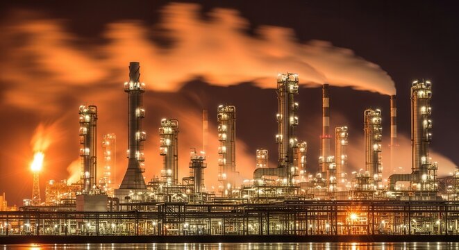 Industrial oil refinery at night with large flames and smoke billowing into the dark sky, illuminated by numerous lights on towers and buildings.